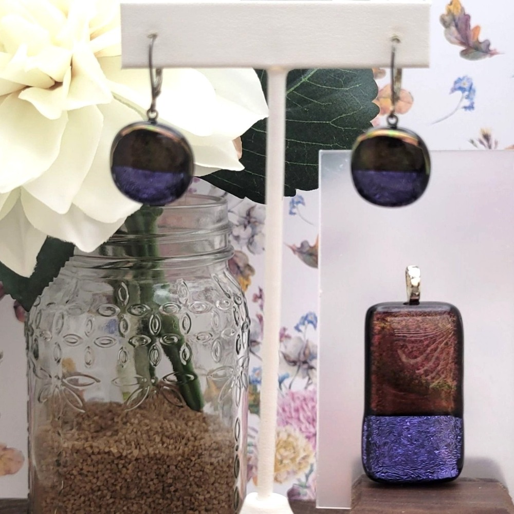 Handcrafted Dichroic Glass Pendant & Earring Set Dangle Drop‎ Multicolor Sparkle